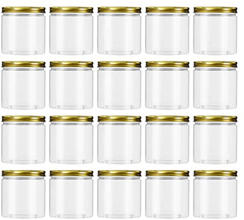 Angoily Frascos De Plástico Transparente De 20 Piezas con Tapas Doradas Frascos Manson De Ancha De 250 Ml Contenedor De Botella De Conservas para Mermeladas De Jalea De Hierbas Almacenamiento