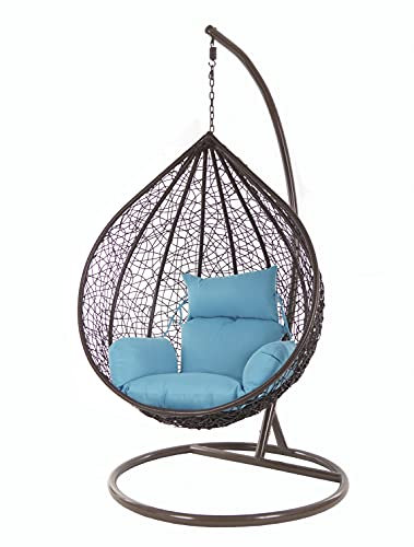KIDEO Korbsessel: XXL Hängesessel mit Gestell & Kissen, Poly-Rattan, braun, groß (Kissen: Nest blau [5050 Sky Blue])