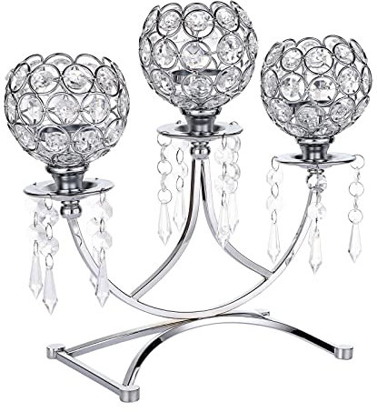 OwnMy 3-armige Kristall-Schale für Teelicht-Kerzenhalter, Kerzenständer, 3-armig, Kristall-Teelichter, Kerzenhalter, Tafelaufsatz für Esstisch, Hochzeit, Weihnachten, Heimdekoration, silberfarben