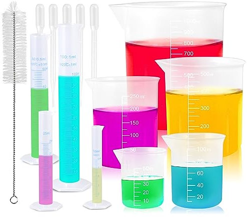 Verdenu 15 PCS Plastic Graduated Cylinders and Beakers Set with 5 Transfer Pipettes and 1 Test Tube Brushes Science Measuring Lab Test Tube Flask Liquid Measuring Tools