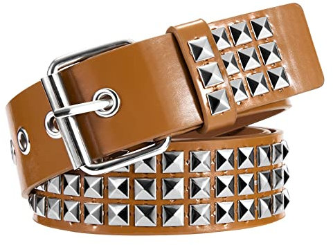 Newellsail Nietengürtel Rock Nieten Gürtel PU Leder Punk Gürtel mit Hellen Pyramiden-Nieten für Damen und Herren Gothic Kleidung Zubehör (Khaki)