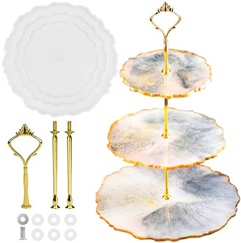 iRenXiao 3 Stöckige Epoxidharzformen für Ständer, Kuchenständer Silikonform mit Metallstange, Obst Tablett DIY Harz Mold für Handwerk Tortenständer Cupcake Dessert (Runden)