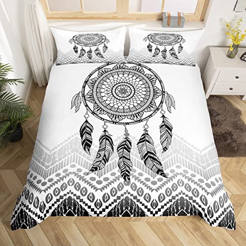 Attrapeur de rêves Parure de lit Blanc Noir Mandala Fleurs Housse de Couette 220 x 240 cm Bohême Géométrique Housse de Couette Ensemble pour Enfants Femmes Adultes Plume Housse de Couette Moderne