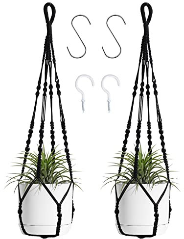 Makramee Blumenampel Baumwollseil Blumentopfhalter Hängeampel Pflanzen für Innen Außen Decken Balkone Dekoration, 89cm(schwarz, 2 Stück)