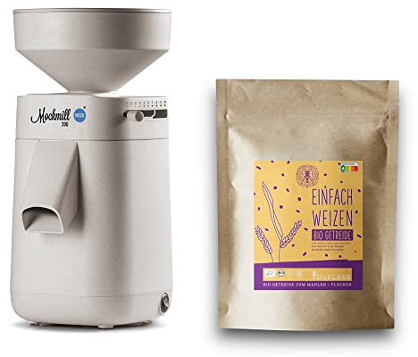 Getreidemühle Mockmill 200 | Made in Germany | Edelkorund und Keramik Mahlstein (Mockmill 200 + 2,5kg Bio Weizen)