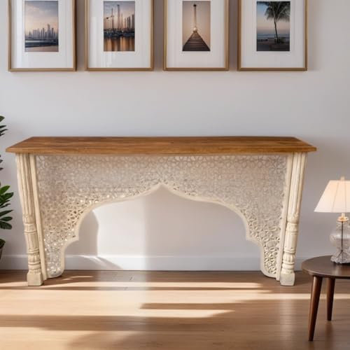 Orientalische Konsole Sideboard schmal Antik Zhora Gross 180 cm | Orient Vintage Konsolentisch orientalisch handgeschnitzt | Landhaus Anrichte aus Holz massiv | Asiatische Deko Möbel aus Indien