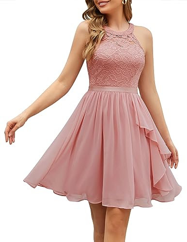 Wedtrend Abendkleid Damen Knielang Cocktailkleid Damen Neckholder Damen Kurz Kleid für Hochzeit Kleider Damen Sommer Kurz Cocktailkleid Damen Elegant für Hochzeit WT0213 Blush 2XL