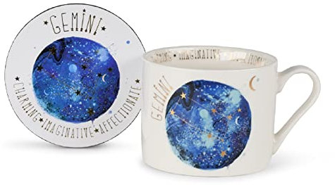 Summer Thornton - Set di tazze con sottobicchiere, in confezione regalo (design Gemini), tazza da caffè in ceramica da 325 ml. Tazza personalizzata con segno zodiacale e tazze da caffè da donna,