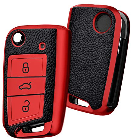 OATSBASF Autoschlüssel Hülle VW, Schlüssel Hülle Kompatibel für VW Golf 7 Schlüsselhülle, Schlüsselbox Cover für VW Polo, Skoda, Tiguan, MK7 3-Tasten (P-Rot)
