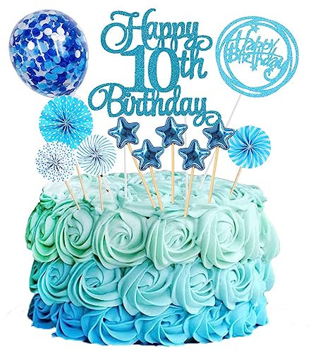 Jxuzh Tortendeko 10 Geburtstag Blau 10th Happy Birthday Cake Topper 10.geburtstagstorte Topper Kuchen Topper Blau Sternen Konfetti Luftballons Papierfächer Für Junge Mädchen Tortendeko Geburtstag