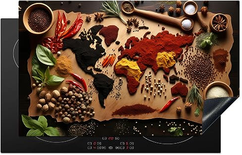 KitchenYeah© Herdabdeckplatte Induktion Schutzmatte Küche Herdabdeckung Ceranfeld Induktionsmatte Cerankochfeld Abdeckung Kräuter - Gewürze - Weltkarte - Braun - Löffel - Küche - 83x51 cm