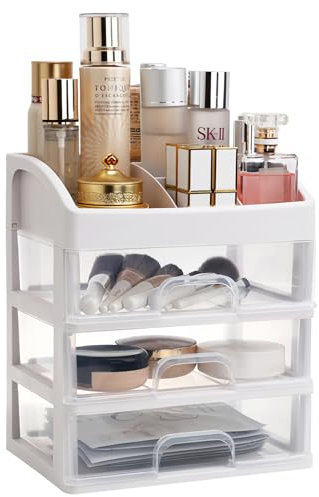 Make-up Organizer schublade, Große Schminktisch Organizer, Kosmetik Aufbewahrungsbox mit Gitter für Foundation, Lotion, Lippenstift, Gesichtscreme, Patch-Maske usw - Weiß - 3 Schubladenschichten