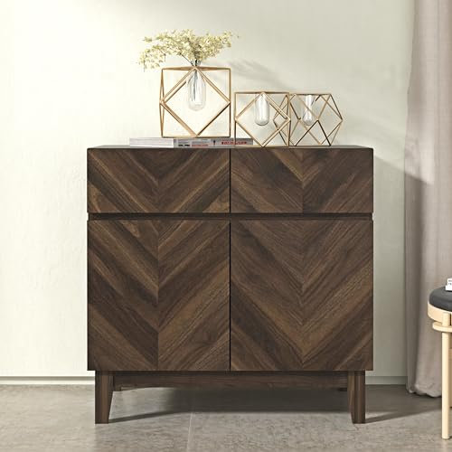 GFW Camborne Compact Sideboards For Living Room, Royal Walnut Cabinet With 2 Door Storage Cupboard & 2 Drawers, Furniture For Living, Dining Room, Hallway & Office, H-76.5 x W-79 x D-39.8cm