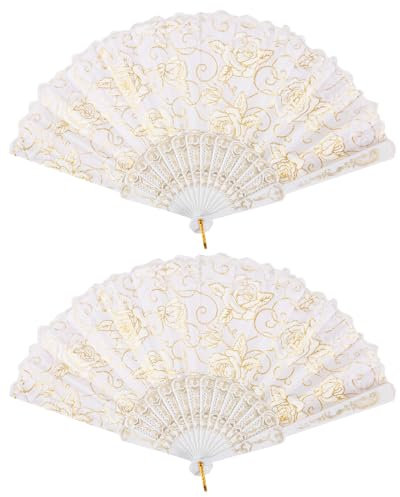 ANEETAFAN 2 Pieces Rose Lace Floral Hand Fans Gold Retro Elegant Chinese Folding Fan White Vintage Bridal Handheld Dancing Fan, 2306QTL2015W#GJ02FFGUS