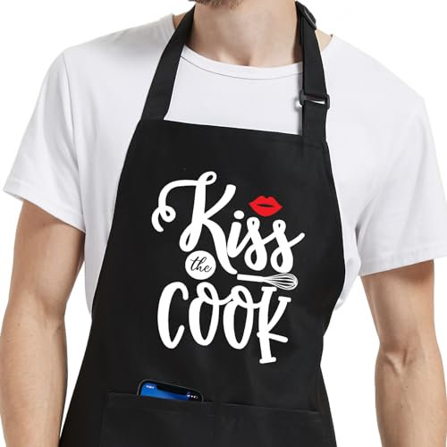 Jpayxese Lustige Schürzen für Herren mit Taschen, verstellbare Herrenschürze zum Grillen, Kochen, Grillen, Geschenke für Vatertag, Weihnachten, Kiss the Cook, Einheitsgröße