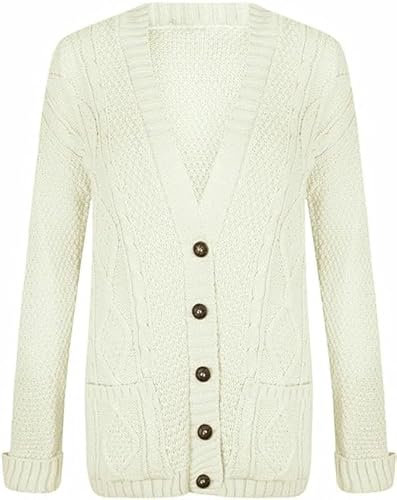 OutfitsbySMILE Women's Ladies Long Sleeve Button Top Chunky Aran Cable Knitted Grandad Cardigan Cream UK Size 24/26