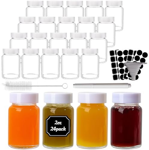 HYCKee 24 Pack 2oz/60ml Glass Juice Bottles with Lids, Mini Glass Ginger Bottles with Funnel, Chalk Labels and 1 Pen,Wellness Bottles for Juice Oil, Small Glass Bottles with Lids for Liquid