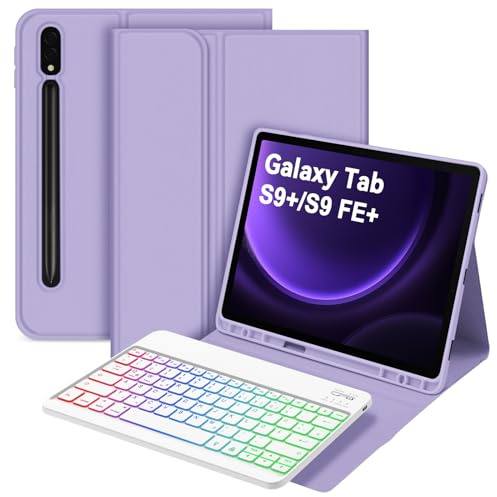 Bettdow für Samsung Galaxy Tab S10+/S10 Plus Tastatur Hülle, QWERTZ Layout Abnehmbarer Beleuchtete Tastatur mit Hülle für Tab S10+/S9+/S9 Plus/S9 FE+/S9 FE Plus 12.4 Zoll, Lila