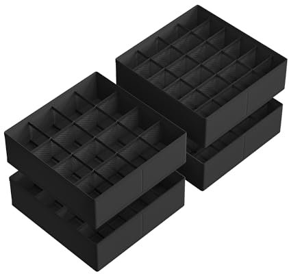 SONGMICS Juego de 4 organizadores de cajones, 80 compartimentos (2x16+2x24), organizador de armario plegable, 30 x 30 x 10 cm, cajas para calcetines, ropa interior, cinturones, tinta negra RUS011B01