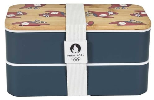 PARIS 2024, CJO3350, Lunch Box 2 Niveaux Bande Elastique Mascotte, Produit Officiel sous Licence, Sac Isotherme Repas, Boite à Déjeuner avec Compartiments