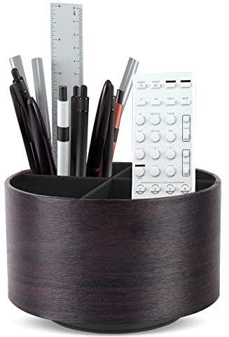 Czzmy Rund Stiftehalter,Leder,360° drehbar,Fernbedienungshalter, drehbarer Nachttisch, TV-Fernbedienung, Schreibtisch-Organizer für Stifte, Bürobedarf, Aufbewahrungsbox(1-Dunkelbraun)