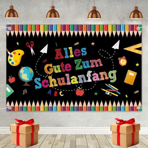 Einschulung Banner Deko, Alles Gute Zum Schulanfang Banner Schwarz, Schulanfang Banner, Schuleinführung Photo Booth Hintergrund für Kinder Jungen Schulanfang Deko 180 x 110cm