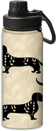 FJQWKLF Botella de agua deportiva con diseño de perro salchicha sobre fondo beige, 18 oz, a prueba de fugas, acero inoxidable aislado al vacío, doble pared, taza térmica, marrón y negro