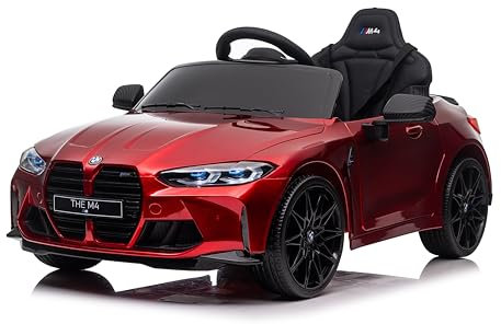 FINOOS B.M.W M4 12V Voiture électrique Enfant avec télécommande 2.4Ghz, siège en Cuir avec et Roues en Gomme,1-4 Ans (Rouge)