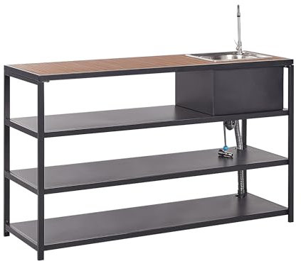 Isla de cocina de exterior con fregadero de caño monomando estantes acero encimera madera clara 159 x 50 x 91 cm negro Avetrana