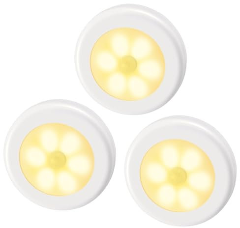 AMIR Motion Sensor Light Indoor, 3 Pack Stick-On LED Night Light with Adhesive Pads, Battery Powered Under Cabinet Lights, Cupboard Lights for Wardrobe, Stairs, Kitchen, Closet(Warm White)
