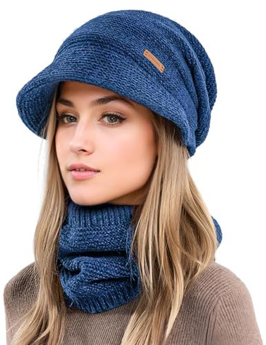 Mütze Damen Winter Mit Schal - Kombinationsset Herbst, Beanie Und Schal Set Mit Visier, Weichem Innenfutter Gefüttert (Blue)