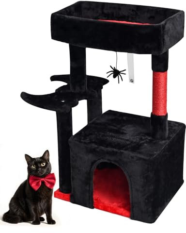 SYANDLVY Gothic Cat Tree with Coffin Bed for Indoor Cats, Activity Tower with Scratching Post, Modern House for Large Cats, Cat Condo Furniture with Basket & Hanging Spider for Play Rest, Black & Red