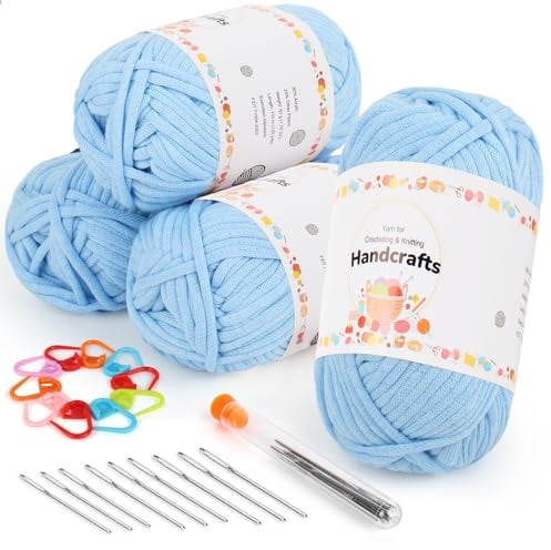 Aeelike 4X50g Dicke Garn Baumwollgarn zum Häkeln, Chunky Strickgarn für Anfänger, Kein Geteiltes Häkelgarn Baumwolle, Wolle zum Stricken mit gut Sichtbaren Maschen, Hellblau