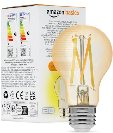 Amazon Basics A60 Smarte LED-Glühbirne mit Glühfaden, Einstellbare Weißtöne, 2,4-GHz-WLAN, Funktioniert nur mit Alexa, 1er-Pack, [Energieklasse E]