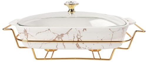 jinsongdafa Porcelain Casserole Baking Dish with Glass Lid and rack,2200 ML Serving Soup Tureen, Chafing Dish for Buffet, food preserve Tray, Catering Casserole for Party Style