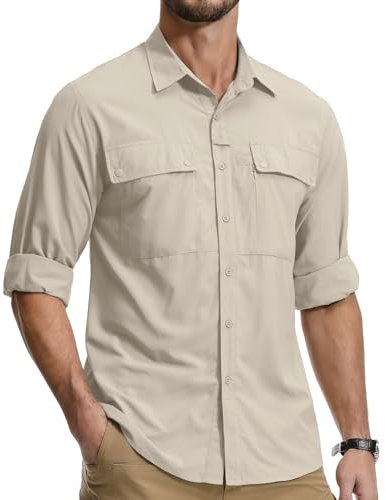 Jessie Kidden Mens Safari Shirts Long Sleeve UV Protection Hiking Fishing UPF 50+ Quick Dry Cooling Camping Travel Shirts #5060-Light Khaki-XL