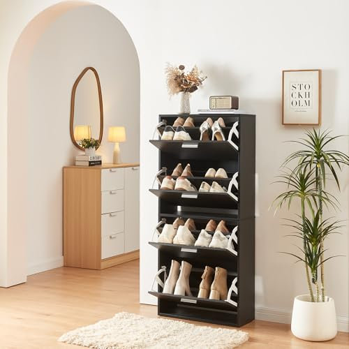 [en.casa] Scarpiera Salvaspazio con 4 Ante a Ribalta Armadio Portascarpe Alto Stretto per Ingresso Corridoio 134 x 60 x 81cm Nero