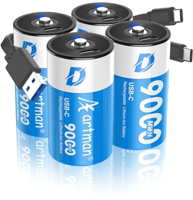 Artman Rechargeable Lithium D Batteries 4 Pack, 9000mWh Rechargeable Lithium-ion D Cell Battery with 2 in 1 USB-C Charging Cable, 1.5V Batteries D Size for Floodlight Toys, Water Heater, Gas Stove