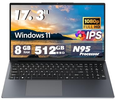 17 inch Laptop Computers,12th Generation Processor N95 4C 4T(Up to 3.4Ghz),8GB DDR4 RAM 512GB SSD,1920*1080,10000mAh Large Battery,Type-C(Data), WiFi5,BT,RJ45,Dual Stereo Speakers, Backlit Keyboard