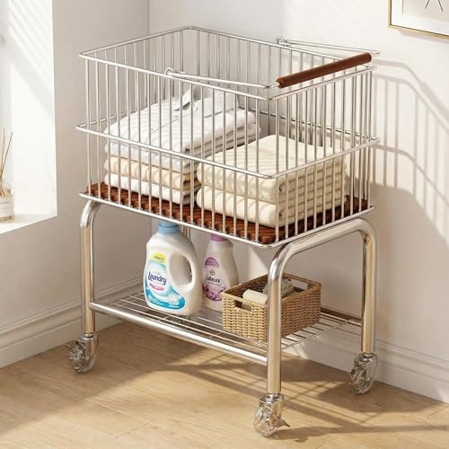 Laundry Basket Laundry trolley Stainless steel Laundry Basketwith Wheels Removable Bag for Laundry Room, Bedroom, Bathroom, Dorm, 68 x 50 x 36 cm (silvery)