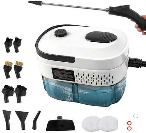 Pulitore a vapore portatile 2500W 3Bar, pulitore a vapore manuale con serbatoio acqua da 1400ML, tempo di riscaldamento 15s, 3 velocità, 6 testine di spazzole per cucina, finestre, pavimento, bagni