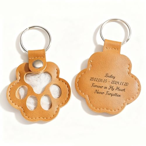 Hundehaar Schlüsselanhänger personalisiert mit Name Foto, Tierhaar Anhänger Leder, Schlüsselanhänger zur Aufbewahrung von Tierhaaren, Erinnerungsgeschenk für Hunde Katzen (Klassische Pfotenform)