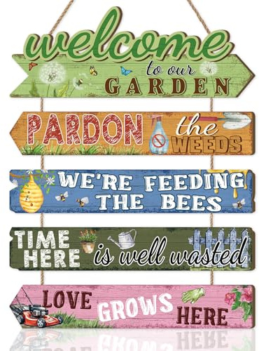 KAIRNE Garden Wall Art Sign Funny Garden Rule Bee Floral Porch Decor Sign