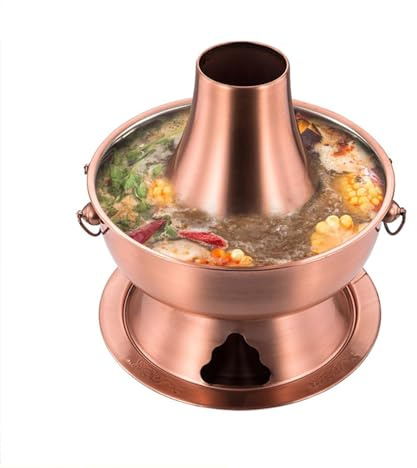 SYLUOQP Feuertopf, chinesischer Holzkohle-Feuertopf, chinesischer Kupfer-Feuertopf, dickwandiger mongolischer Rindfleisch-Feuertopf aus reinem Kupfer, for Familienessen, Grillabende, Picknicks(32cm)