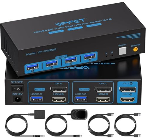 VPFET 8K@60Hz HDMI Displayport KVM Switch 2 Monitors 2 Computers, 4K@120Hz Dual Monitor KVM Switches, Two Computers Share 4 USB 3.0 port, Include DC12V Adapter for Seamless Desktop Setup