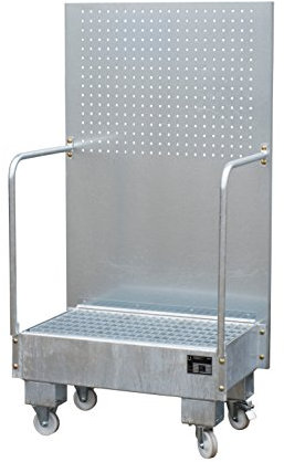 Fahrbare Auffangwanne mit Lochplattenwand, 2 x 60-l-Fass stehend nebeneinander, LxBxH 570 x 890 x 1685 mm, feuerverzinkt.