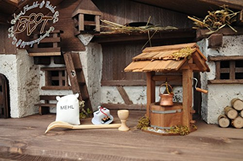 ÖLBAUM - Krippenfiguren für 9 cm - Deko für Krippenstall-Weihnachtskrippe,LED-beleuchtet, DEKOSET XL BRK Holzbrunnen 4-TLG. Krippenzubehör + Brunnen MIT Beleuchtung,