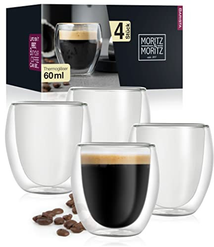 Moritz & Moritz Barista Roma 4 x 60 ml Espressogläser Doppelwandig - Espresso Tassen Set aus Glas für Heiß- und Kaltgetränke - Spülmaschinengeeignet