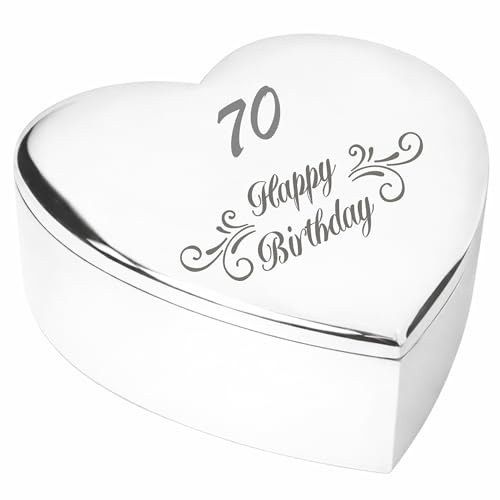70th 70 Year Old Seventieth Birthday Gift Her Swirl Engraved Silver Finish Heart Shaped Trinket Box Keepsake Present Idea for Mum Wife Women Sister