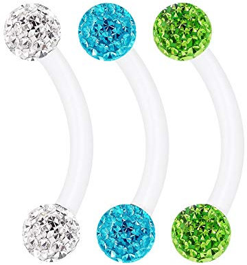 KJM FASHION 3 STK Flexibles Acryl Banane Ohr 1,2mm 16 Gauge 8 mm 5/16 3mm Ferido Kristall Kugel Rook Eyebrow Tragus Daith Ohrringe Piercing Schmuck 2344